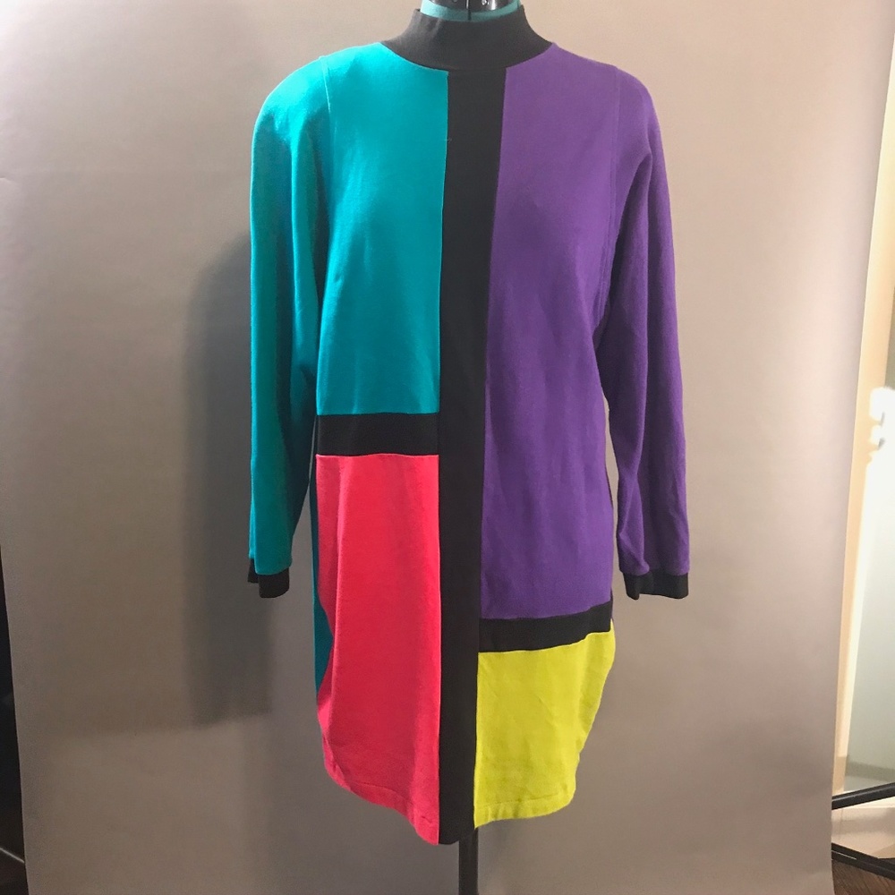Women 80s Vintage Color Block Dress/Costume Medium